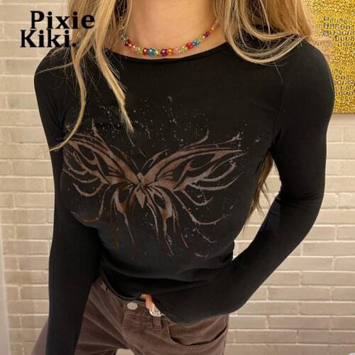 PixieKiki Fairy Grunge Graphic T Shirts Butterfly Print Black Long Sleeve Top Womens Fall 2021 Aesthetic Clothes P65-BC14