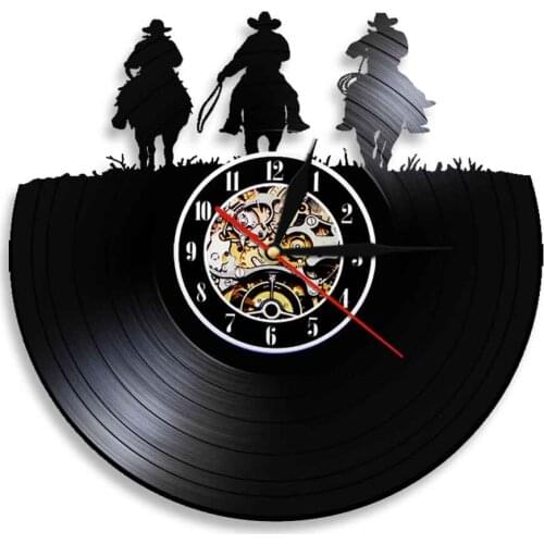Horseshoe Horse 3D Wall Clock Western Cowboy Sign LED Vinyl Record Wall Clock Cowboy Laser Cut Handicraft Artwork Clocks