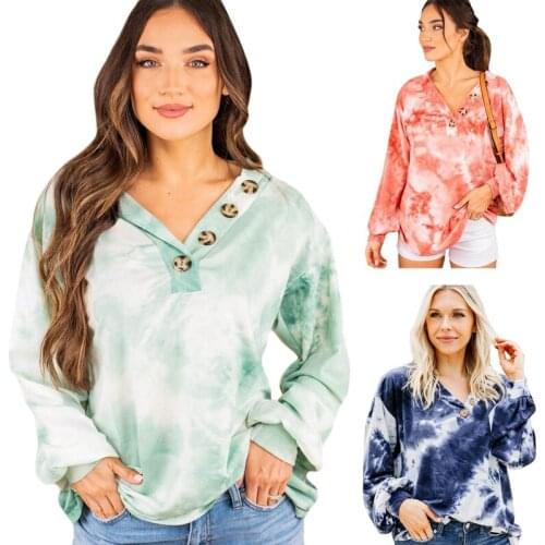 Casual Women Long Sleeve Hoodies Pullover V Neck Sweatshirts Tie Dye Streetwear Tops Women Loose Hoodies