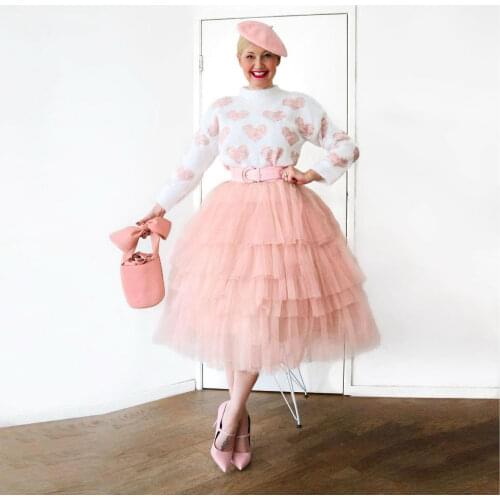 Pink Cute Casual Tea Length Tulle Skirts Women A-line Female Skirt Layered Tulle Skirts Elastic Ball Gown Custom Made