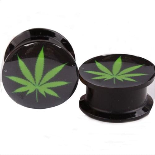 Earrings Rings Black Acrylic Saddle Plug Inlayed Rasta Pot Leaf sold as a pair