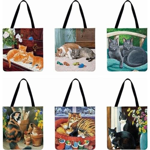 Rural Art Painting Cat Print Tote Bag For Women Casual Tote Ladies Shoulder Bag Foldable Shopping Bag Outdoor Beach Bags