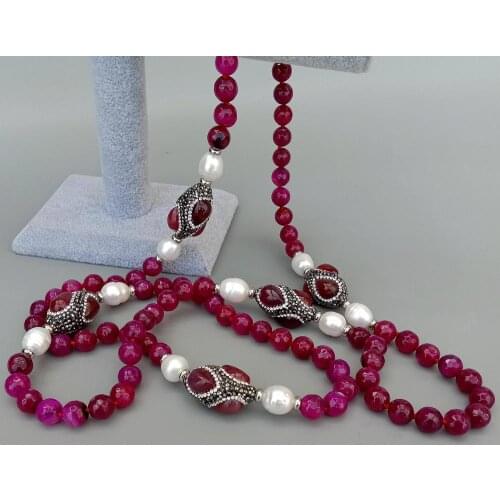YYGEM Cultured White Rice Freshwater Pearl Fuchsia Agate Faceted Round sweater chain Long Necklace 51"