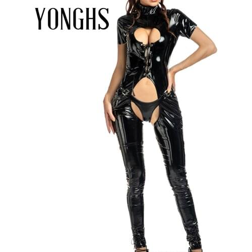 Women Sexy Teddieds Bodysuit Patent Leather Hollow Out Lace-up Jumpsuit High Neck Short Sleeve Crotchless Keyhole Eroctic Romper