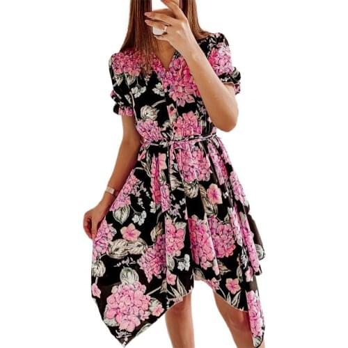Fashion Boho Dress Floral Print Sashes Women Short Sleeve V Neck Irregular Dress for Daily Wear Plus Size 2XL