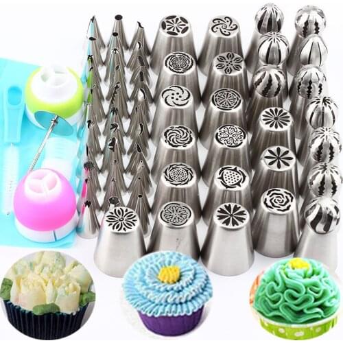 1Pcs Nail 1Pcs Brush 1Pcs Pastry 3Pcs Coupler Bag+Russian 60Pcs Tips Pastry Ball Piping Stainless Steel Icing Spherical Nozzle