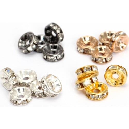 100pcs/lot 6/8/10mm Silver Color Rhinestone Rondelles Crystal Beads Loose Spacer Beads for DIY Jewelry Making