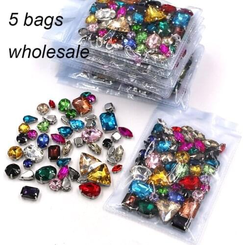 Free shipping Wholesale 5 bags mixed shape mix colors silver base sewing glass crystal rhinestones for clothing/wedding dress