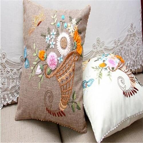 Free Shipping Natural Linen Throw Pillow Cushion DIY Ribbon Embroidery Handmade Cushion Case 18Inch Butterfly Car Waist Bloster