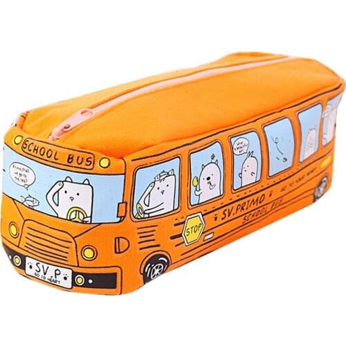 Animal Pattern Bus Pencil Case Cute School Bus Large Capacity Canvas Car Pencil Bag Stationery Bag