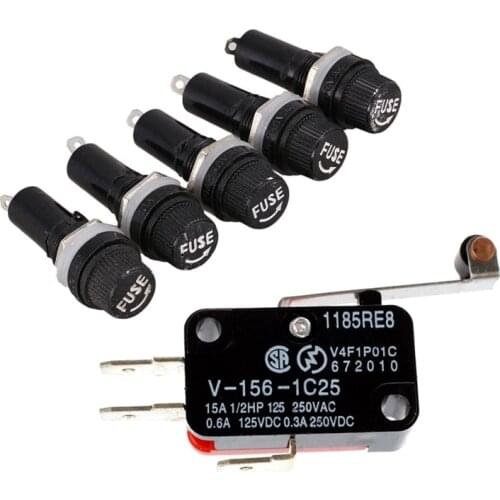 LBER 1 Pcs Mini Limit Switch Long Hinge & 5 Pcs AC 125V 15A 6 X 30Mm Panel Mount Fuse Holder