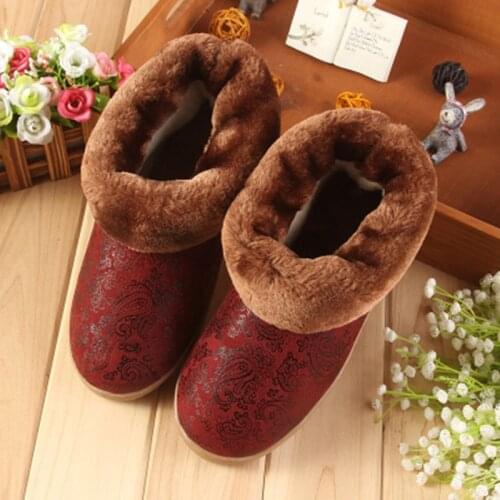 Genuine Leather Winter House Slippers Super Warm Thick Sole Couples Home Shoes Anti-Slip Aged Men and Women Indoor Slippers