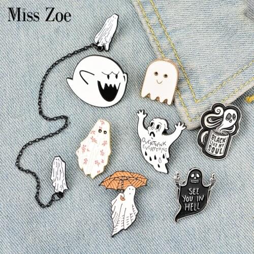 Ghost Escape Enamel Pin Badge Custom Coffee Umbrella Overthink Brooches Lapel pin Jeans shirt Bag Dark Halloween Jewelry Gift