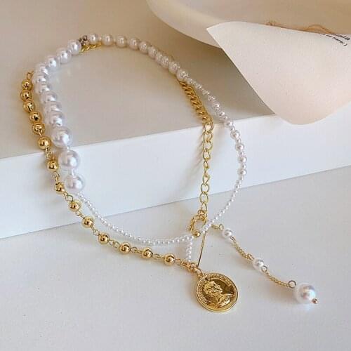 GSOLD 2020 Vintage Korean-Style Imitation-Pearl Pin Coin Double Layer Necklace Women Overcoat Winter Accessories Jewelry Gifts