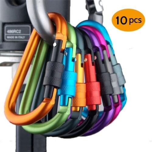 10Pcs/Set 8cm D Ring Locking Carabiner Aluminum Backpack Buckle Keychai Hiking Clips Outdoor Camping Carabiners Color Random
