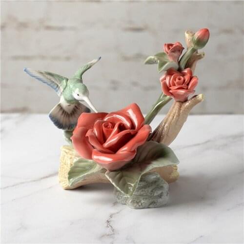 Ceramic flower and bird ornaments elegant hand painted garden style nature figurine EA15