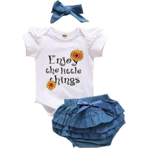 FOCUSNORM 0-24M Summer Lovely Baby Girls Boys Clothes Sets 3pcs Floral Letter Short Sleeve Romper Tops Denim Shorts Headband