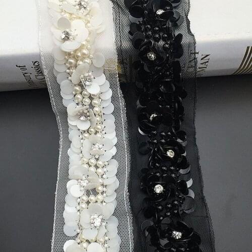 2Yards White Beaded Sequin 3D Flower Lace Trims Crystal Pearl Ribbon For Sewing Clothing Collar Accessories Mesh Lace Decoration