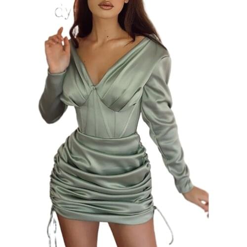Spring Women Deep V Neck Dresses CE Long Sleeve Ruched Drawstring High Waist Satin Party Dress Elegant Retro Sexy Vestidos