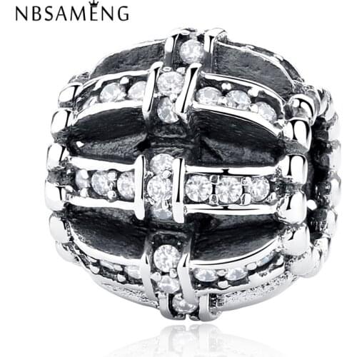 Authentic 925 Sterling Silver Bead Charm Vintage Stripe Round With Crystal Beads Fit Bracelet Bangle DIY Jewelry YW20238