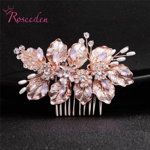 Rose Gold Color Crystal Floral Bridal Wedding Hair Comb Head Piece Handmade Wedding Hair Accessories Brides Gift RE3441