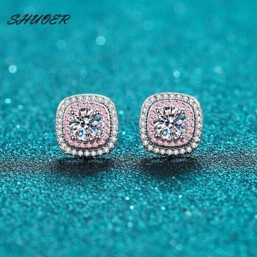 Classic 925 Sterling Silver 0.5 Carat Pass Diamond Tester Brilliant Cut D Color Moissanite Pink Cushion Earrings Women Jewelry