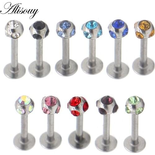 Alisouy 1 PCS Steel Labret Lip Ring with 5 tiny crystal lip piercing jewelry 16G Tragus Helix Ear septum Piercing Earrings