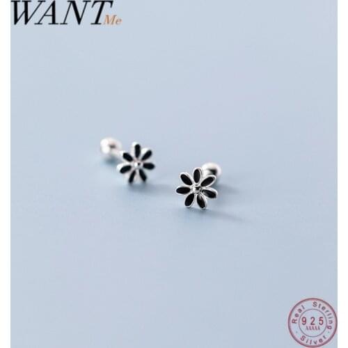 WANTME Genuine 95 Sterling Silver Gothic Cute Romantic Black Sunflower Stud Earrings for Women Fashion Charming Flower Jewelry