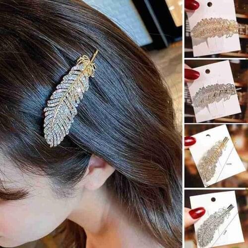 Fashion Crystal Leaf Feather Elegant Women Barrettes Hair Clip Hairpins Hair Pin Hair Accessories Rhinestone Hairpin For Girls