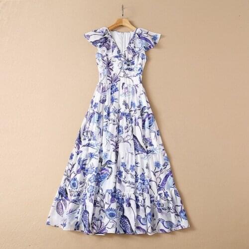 European and American womens clothing spring 2021 new V-neck purple print with short sleeves and flounces Fashion pleated dress