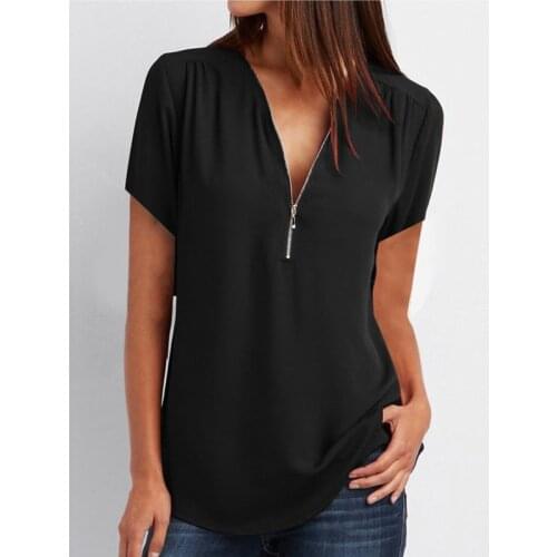 2021 Summer Casual Blouse Women Top And Blouse Women Shirt Short Sleeve Black Solid V-Neck Chiffon Shirt