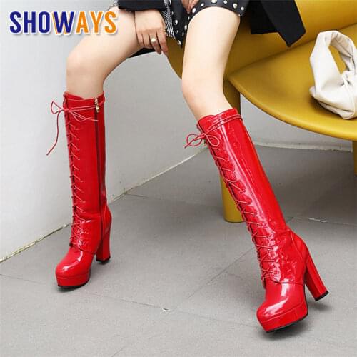 Plus Size Women Knee-high Platform Boots 10cm High Block Heel White Red Patent Leather Party Club Lady Lace-up Zipper Long Boots