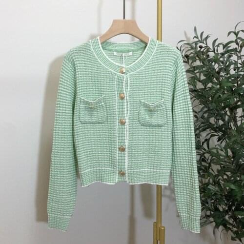 Spring Summer Clothes For Women Crop Top High Street Vintage Short Sweater Cardigan Single Breasted Fashion Striped Knitted Tops