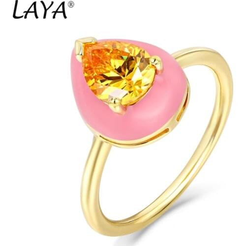 Laya Silver Ring For Women Pure 925 Sterling Silver Shiny White Cubic Zirconia Pink Enamel Fashion Jewelry Handmade Enamel