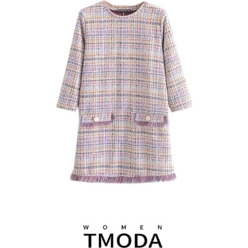 TMODA299 2020 Women Elegant Knit Wear Mini Dress Tassels Three Quater Sleeve O Neck Female Casual Fashion Chic Dresses Vestidos