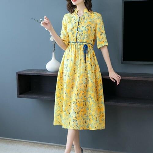Summer Women Vintage Yellow Print Cotton Linen Dress 2021 Casual 3XL Plus Size Floral Midi Dress Elegant Bodycon Party Vestidos