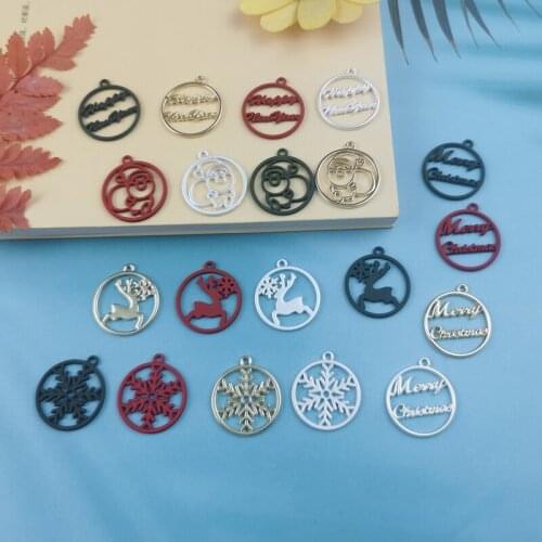 10pcs Santa Claus Christmas Charms Snowflake Pendant Round Card Enamel Metal Necklace Home Party Decoration Hanging DIY Jewelry