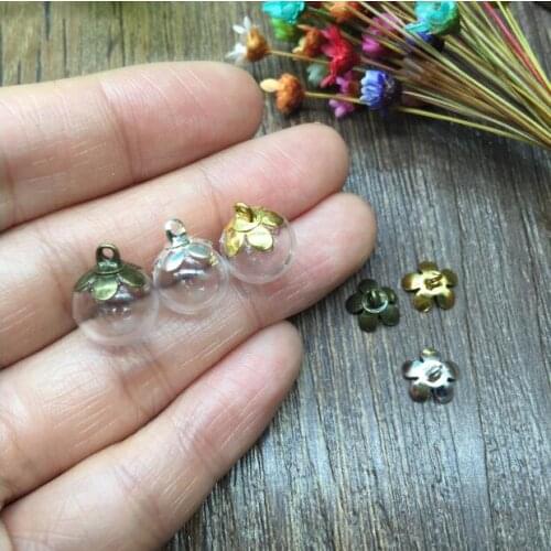 5sets/lot 10*3mm ball shape glass globe with five Petal flower beads cap glass vial pendant jewelry accessories necklace pendant