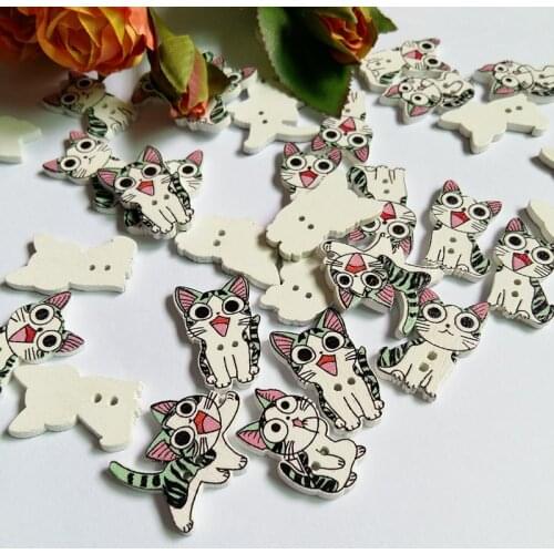 50Pcs Mixed Color Cute Cat Multicolor Botones 2 Holes Wooden Printing Flatblck Buttons Sewing Accessories Scrapbooking