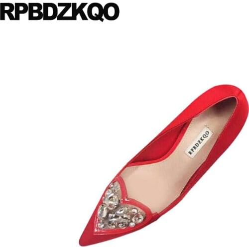 Satin red high heels bridal diamond designer women luxury 2018 pumps shoes new rhinestone crystal pointed toe heart 8cm thin
