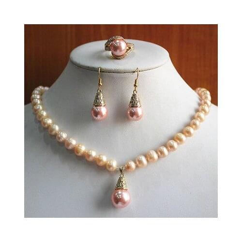 Free deliver Nobility Lucky Women Charming WomenS 8mm Pink Shell Pearl Necklace Earring Ring(7/8/9) Jewelry Set