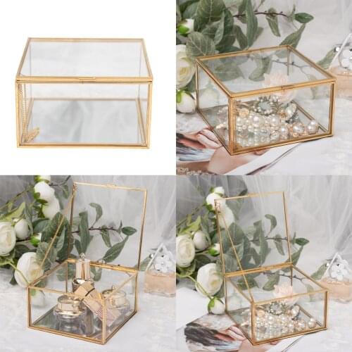 Golden Square Vintage Brass & Clear Glass Decorative Box Home Decor, Small Jewelry Case Box Organizer with Latching Lid 5x5x3"
