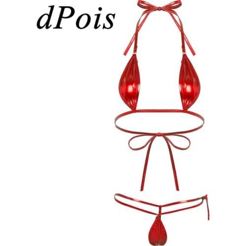 Womens Monokini Bra Top Briefs Sets Shiny Metallic Mini Micro Bikini Lingerie Sets Women Trikini Nightwear