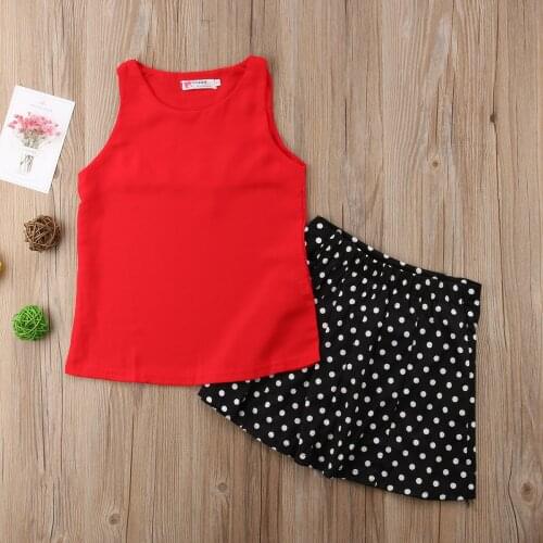 Fashion Summer Girl Set 2Y-7Y 2Pcs Chiffon Toddler Kids Girls Sleeveless Tops Dot Skirt Outfits Clothes