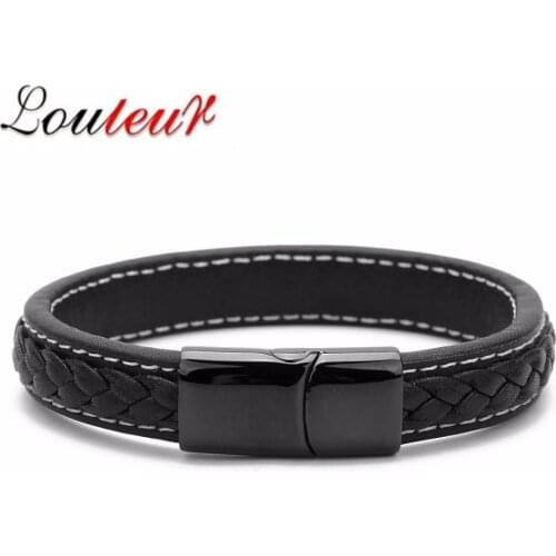 LOULEUR New Trendy 12*6mm Genuine Leather Bracelet Men Stainlees Steel Braid Bracelets & Bangles Male Jewelry Gift