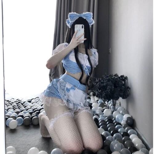 Porno Women Sexy Lingerie Underwear Sleepwear Set Maid Uniform Temptation Cosplay Blue Checked Tops Panties Slutty Clothes