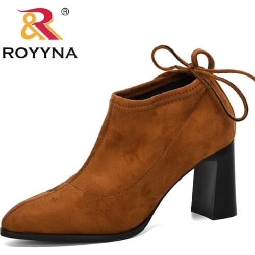 ROYYNA 2020 New Designers Popular Ankle Boots Women Outdoor Flock Fashion High Heel Boots Ladies Round Toe Slip-On Footwear