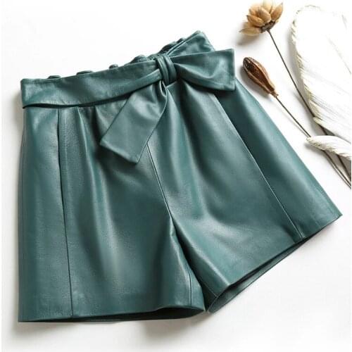 Women Harajuku Genuine Leather Shorts Femme Elastic High Waist Bowknot Green/Black Casual Short Mujer Wide Leg Streetwear