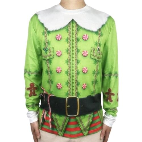 Cute 3D Print Green Elf Costume Christmas T Shirt for Men Funny Gingerbread Men Christmas Party Long Sleeve Graphic Xmas Tshirt