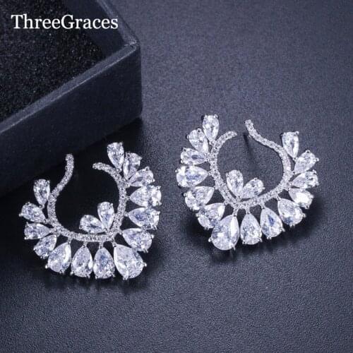 ThreeGraces Brand White Gold Color Luxury Big CZ Crystal Wedding Stud Earrings Fashion Party Jewelry For Women ER105